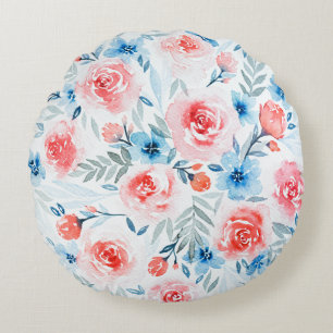 Pink Roses Blue Flowers Watercolor Floral Pattern Round Cushion