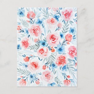 Pink Roses Blue Flowers Watercolor Floral Postcard