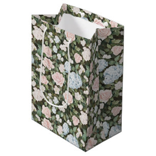 Pink Roses Blue Hyndrangea Floral Bridal Shower Medium Gift Bag