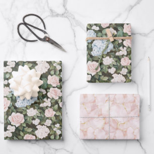 Pink Roses Blue Hyndrangea Floral Bridal Shower Wrapping Paper Sheet