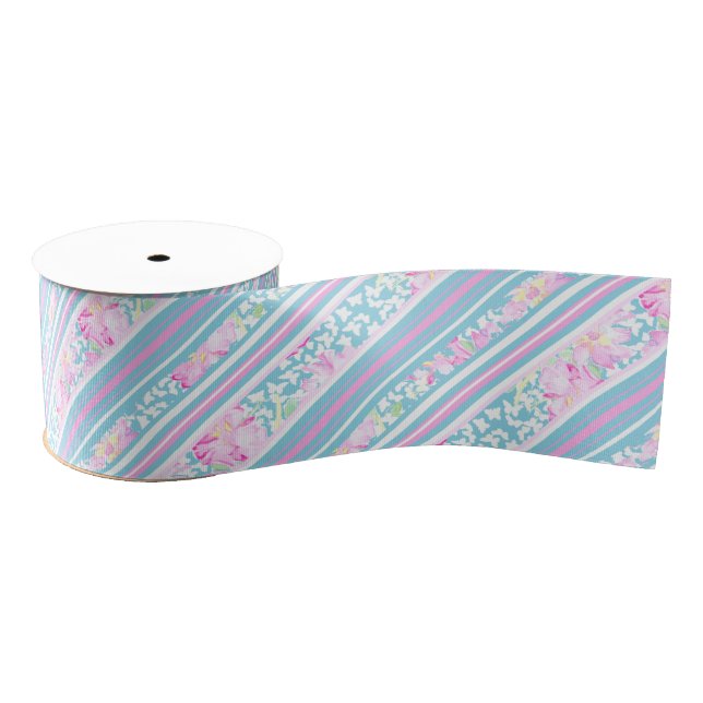 Pink Roses Blue, Pink, White Stripes 3-inch Ribbon Grosgrain Ribbon (Spool)