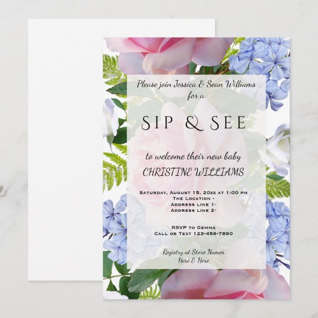 Pink Roses & Blue Plumbago Sip & See Invitation (Front/Back)