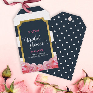 Pink Roses Blue Stripes Bridal Shower Gift Tags