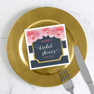 Pink Roses Blue Stripes Bridal Shower Napkin