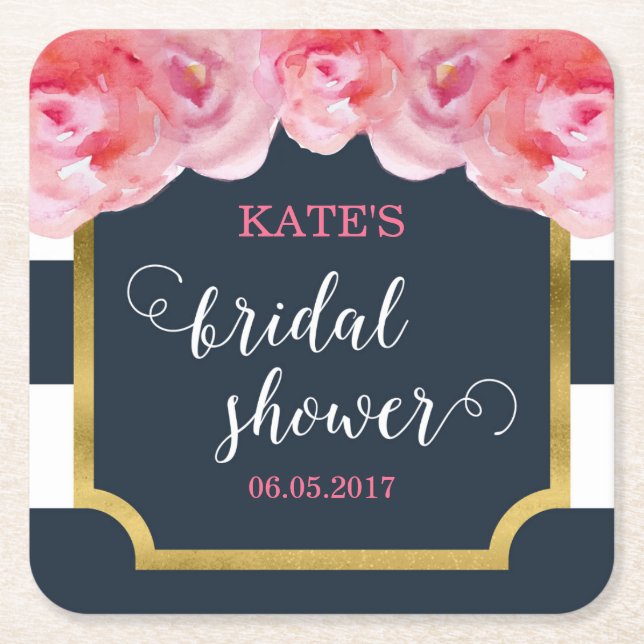 Pink Roses Blue Stripes Bridal Shower Square Paper Coaster (Front)