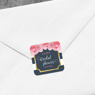 Pink Roses Blue Stripes Bridal Shower Square Sticker