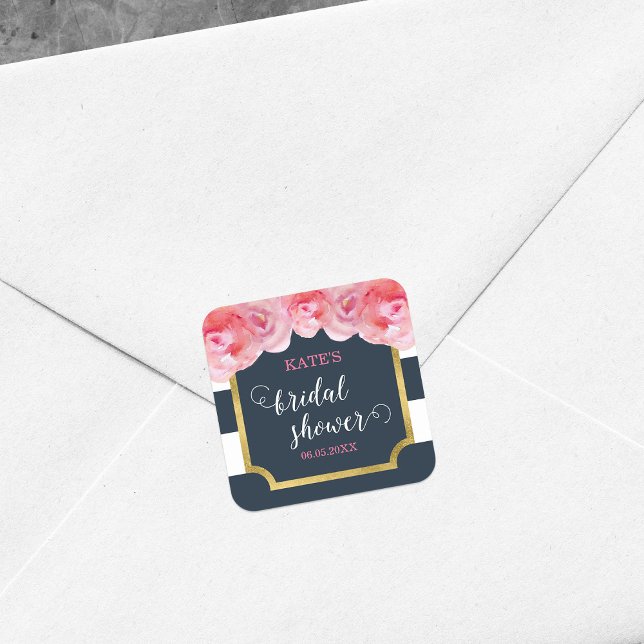Pink Roses Blue Stripes Bridal Shower Square Sticker (Creator Uploaded)