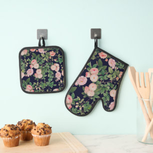 Pink Roses Blue Vintage Botanical Garden Oven Mitt & Pot Holder Set