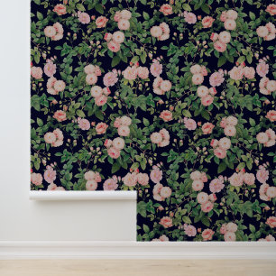 Pink Roses Blue Vintage Botanical Garden Wallpaper