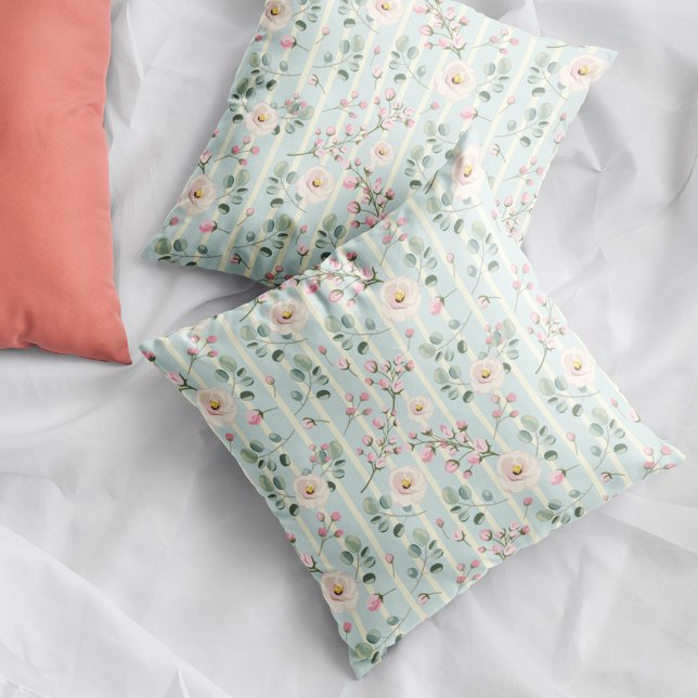 Pink Roses Blue White Stripes  Cushion (Creator Uploaded)