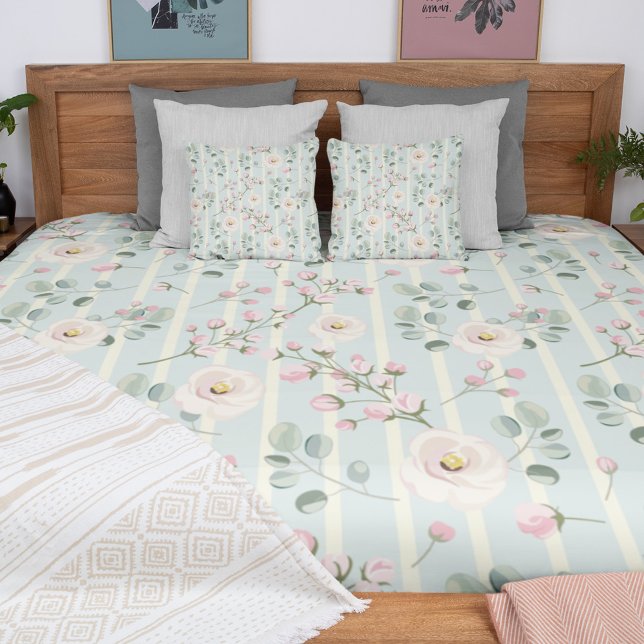 Pink Roses Blue White Stripes Fleece Blanket (Creator Uploaded)