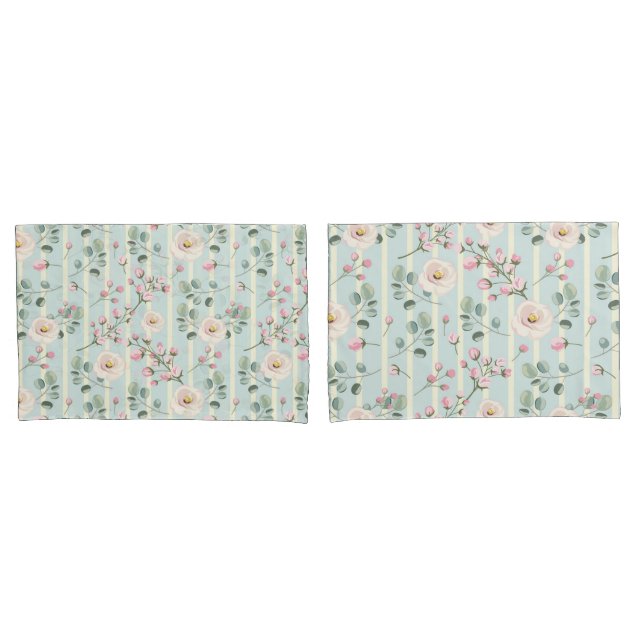 Pink Roses Blue White Stripes Pillowcase (Front-Set)