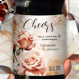 Pink Roses Boho Glam Wedding Wine Label