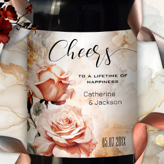 Pink Roses Boho Glam Wedding Wine Label