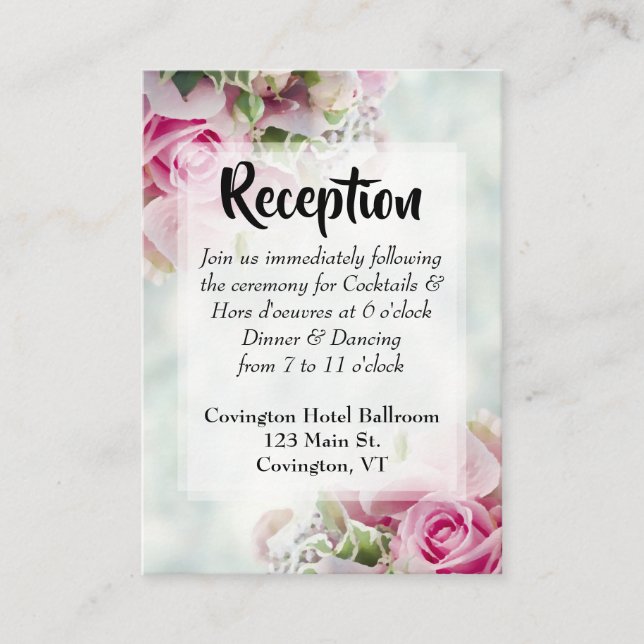 Pink Roses Bold Script Wedding Reception Enclosure Card (Front)