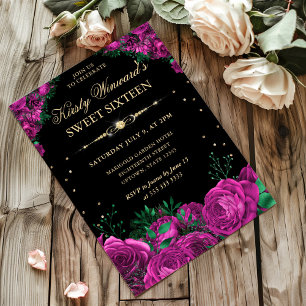 Pink Roses Border Floral Sweet Sixteen Invitation