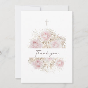 pink roses bouquet Baptism Thank you card