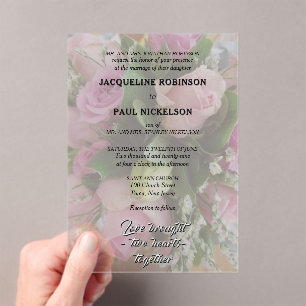 Pink Roses Bouquet Bride and Groom Photo Acrylic Invitations