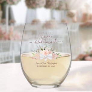 Pink Roses Bouquet Bridesmaid Maid of Honour Gift Stemless Wine Glass