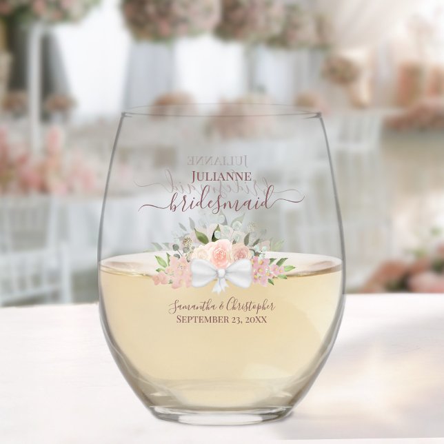 Pink Roses Bouquet Bridesmaid Maid of Honour Gift Stemless Wine Glass (Sold Individually or in Sets)