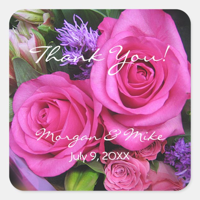 Pink Roses Bouquet, DIY Names & Date Square Sticker (Front)