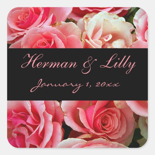 Pink Roses Bouquet Personalised Wedding Square Sticker (Front)