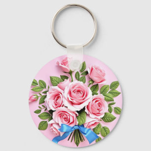 Pink Roses Bouquet Ribbon Illustration Key Ring