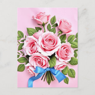 Pink Roses Bouquet Ribbon Illustration Postcard