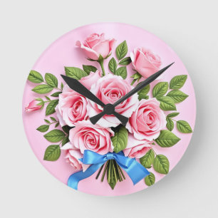 Pink Roses Bouquet Ribbon Illustration Round Clock