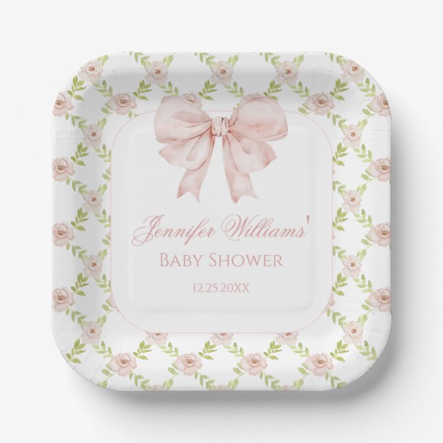 Pink Roses Bow Floral Sweet Baby Girl Shower Paper Plate (Front)