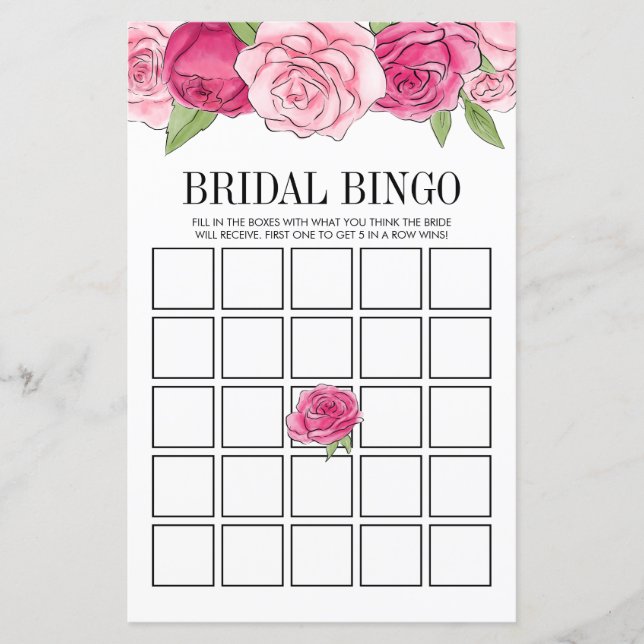 Pink Roses Bridal Shower Bingo Game Card (Front)