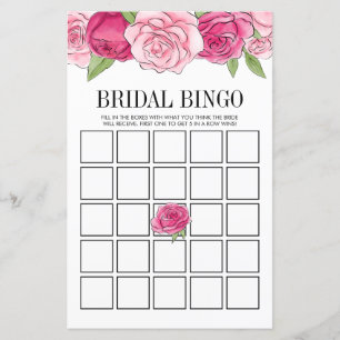 Pink Roses Bridal Shower Bingo Game Card