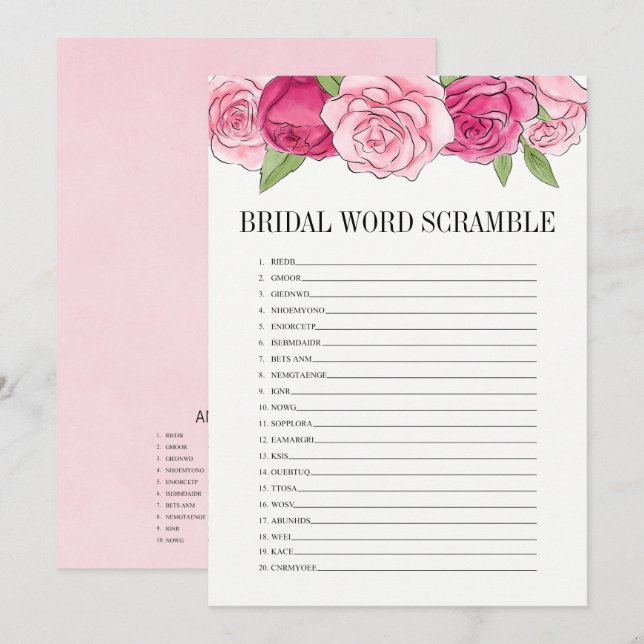 Pink Roses Bridal Shower Word Scramble Game Card (Front/Back)