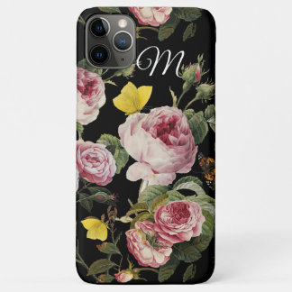 PINK ROSES, BUTTERFLIES Black Floral Monogram Case-Mate iPhone Case