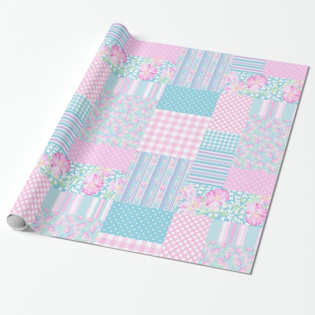 Pink Roses, Butterflies: Faux Patchwork Giftwrap Wrapping Paper (Unrolled)