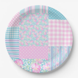 Pink Roses Butterflies Faux Patchwork Paper Plate
