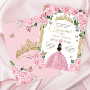 Pink Roses Butterfly Princess Dress Quinceanera Invitation