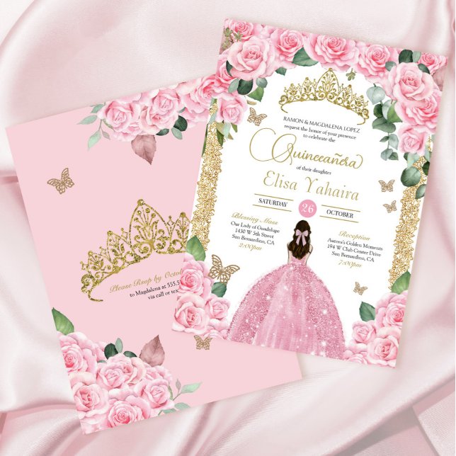 Pink Roses Butterfly Princess Dress Quinceanera Invitation (Creator Uploaded)