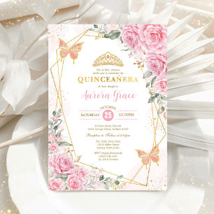 Pink Roses Butterfly Quinceañera Gold Geometric In Invitation