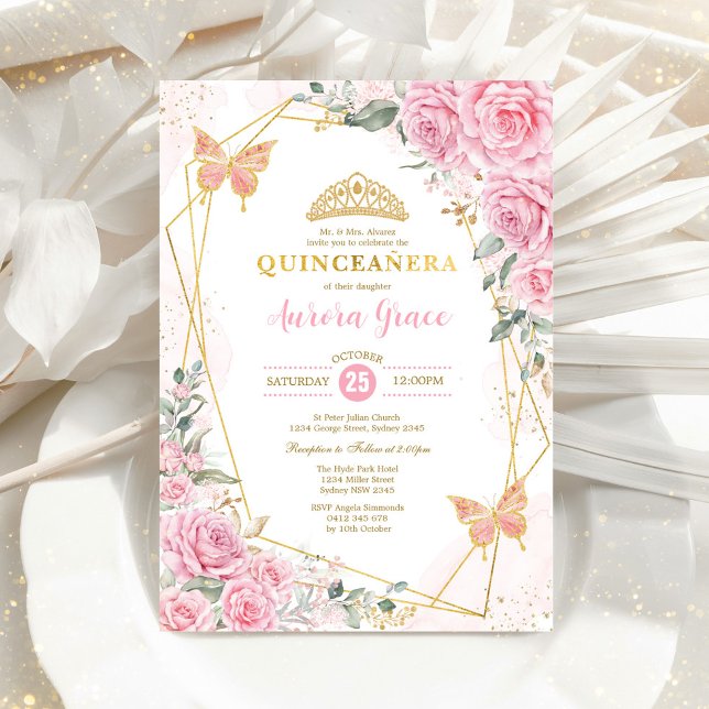 Pink Roses Butterfly Quinceañera Gold Geometric In Invitation (Creator Uploaded)