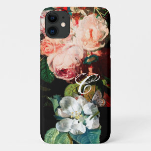 PINK ROSES,BUTTERFLY,WHITE FLOWER FLORAL MONOGRAM iPhone 11 CASE