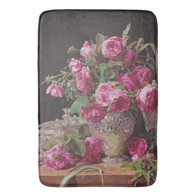 Pink Roses (by Ferdinand Georg Waldmüller) Bath Mat (Front Vertical)