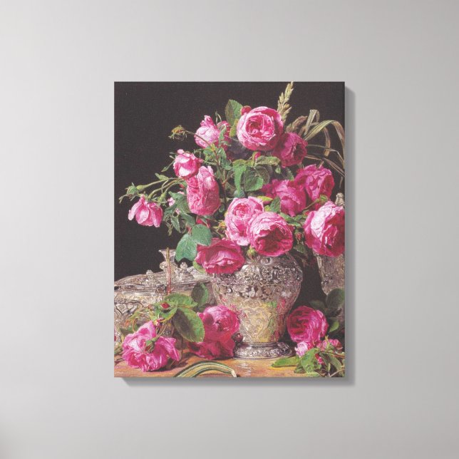 Pink Roses (by Ferdinand Georg Waldmüller) Canvas Print (Front)