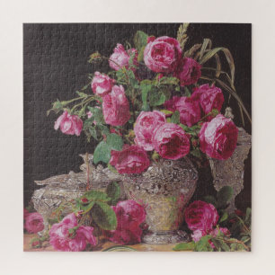 Pink Roses (by Ferdinand Georg Waldmüller) Jigsaw Puzzle