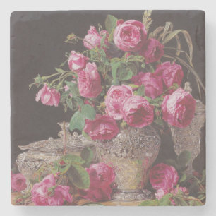 Pink Roses (by Ferdinand Georg Waldmüller) Stone Coaster