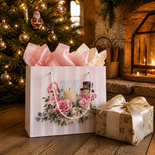 Pink Roses Candle Candy Cane & Gingerbread Large Gift Bag