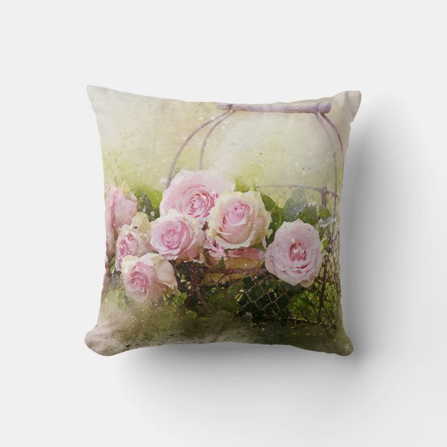 Pink roses / carnations in a basket cushion (Front)