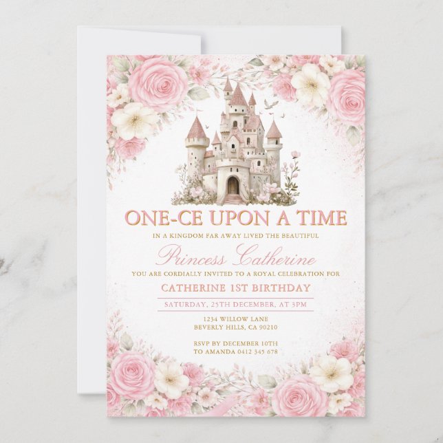 Pink Roses Castle Princess Birthday Invitation (Front)