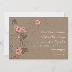 Pink Roses Chic Floral Kraft Rustic Wedding Invite