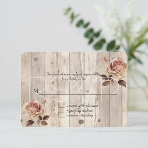 Pink Roses Cream White Wood Wedding RSVP